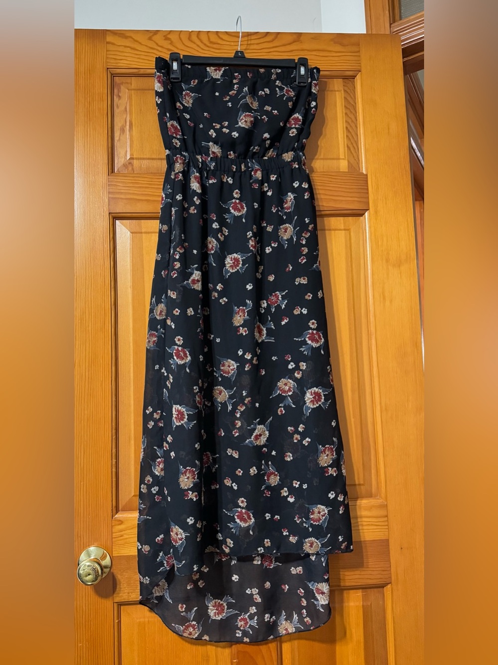 Black Floral Strapless High-Low Maxi Skirt